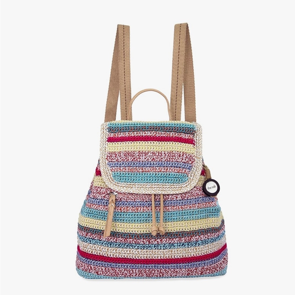 The Sak Sayulita Backpack in Crochet, Adjustable, Removable Straps, Eden Stripe